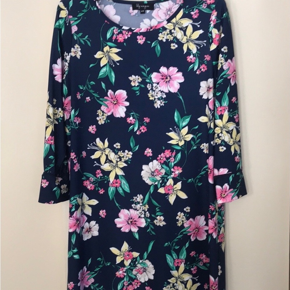 Floral Navy Dress with Pink and Yellow Flowers